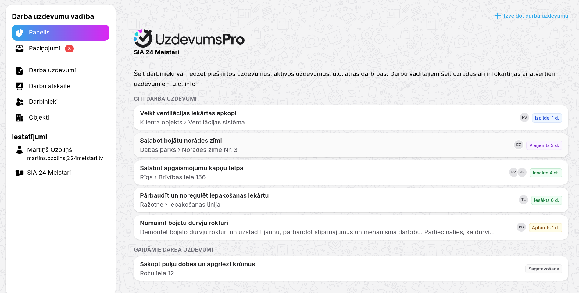 Uzdevums Pro darba uzdevumu pārskats ar uzdevumu sarakstu, statusiem un atbildīgajiem darbiniekiem